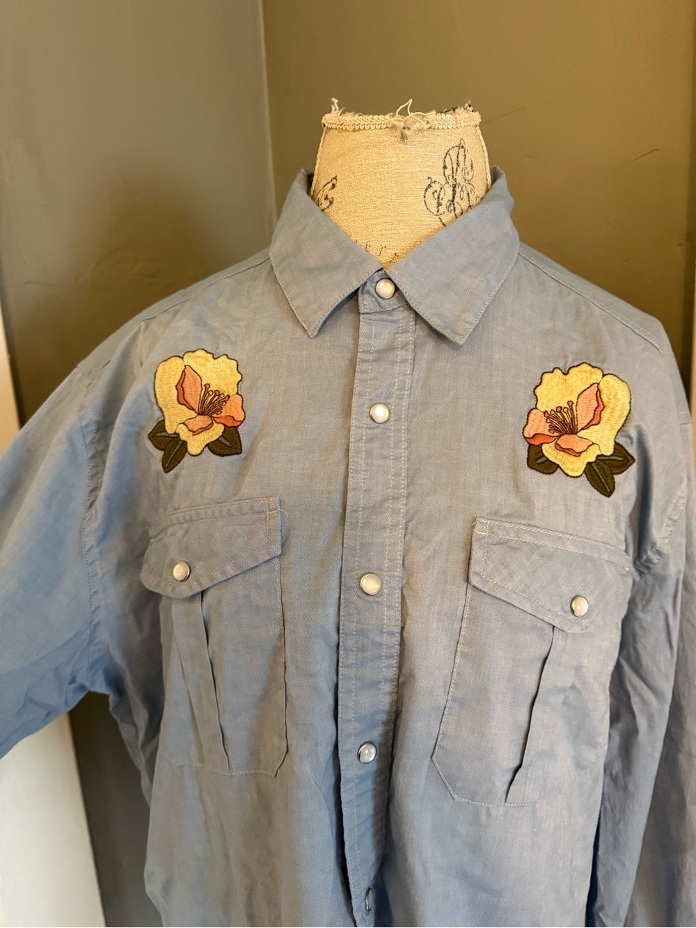 Howler Brothers Light Blue Button-Down Shirt with Yellow Floral Patches